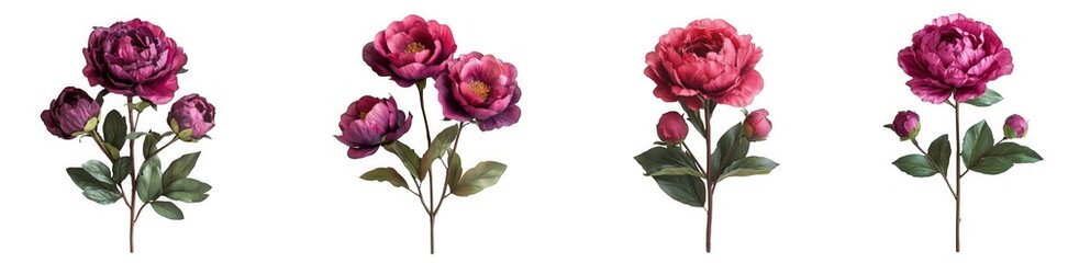 Obraz premium Four artificial deep pink peony flowers with buds and green leaves isolated on transparent background