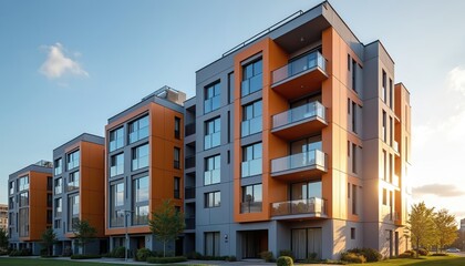 Modern residential complex with orange, grey facade. New apartment buildings glass balconies, large windows. Urban real estate property with green lawn in summer city for comfortable living. Stylish