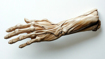 Anatomical model of a human arm showing muscles and tendons for medical education and study
