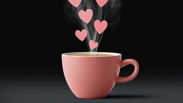 Pink ceramic coffee cup emits steam with floating heart shapes above, showcasing warmth and affection, camera captures gradual zoom in on the delightful scene of love and comfort