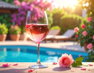 A wine glass filled with pink liquid, rose next to it, poolside, sunny afternoon