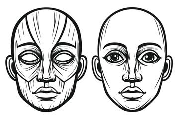 Anatomical study shows the facial muscles alongside a clean face in black and white