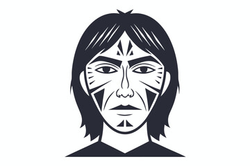 Darkhaired man with tribal markings adorns his face in a striking illustration