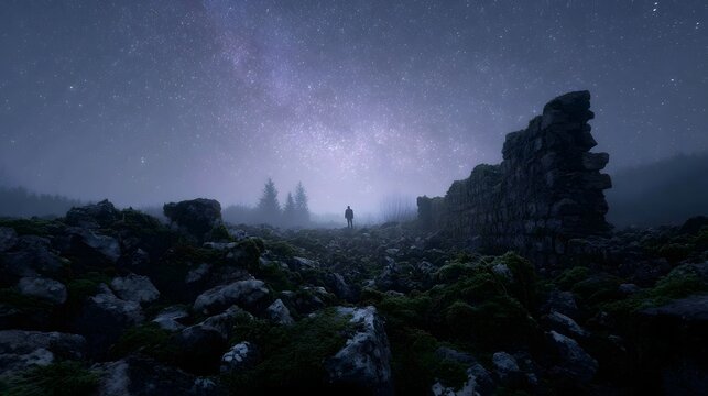 A solitary figure stands amidst ancient ruins under a majestic starry Milky Way sky shrouded in mist