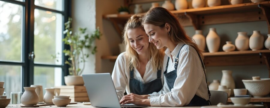 Two smiling women ceramicists work together on laptop in pottery studio shop. They review orders and manage online sales, discussing business strategy while surrounded by handmade clay vases.