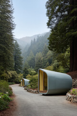 contemporary capsule homes nestled in lush forest embodying ecoarchitecture that blends seamlessly with nature