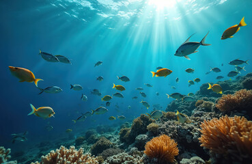Underwater scene shows school of fish swimming over coral reef. Sun rays penetrate water. Tropical fishes swim in blue ocean. Marine ecosystem flourishes with vibrant coral life. Oceanic wildlife