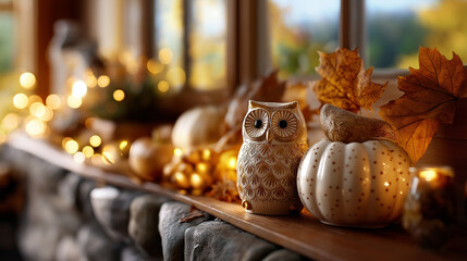 Autumn mantel with pumpkins, owls, and fall leaves for Thanksgiving Day, under soft warm light highlighting decor and season, serene interior scene, cozy mantel lighting, with copy