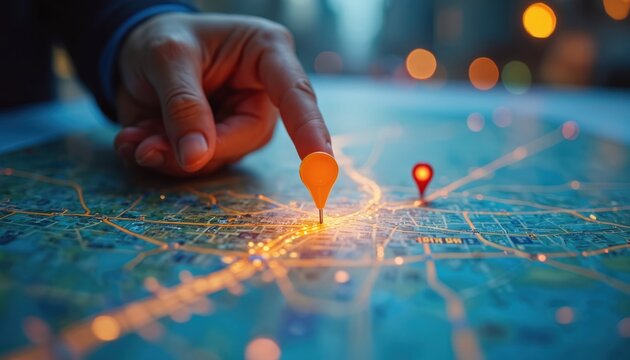 Hand points to location on map with pin. Red marker indicates destination. Local business promotion. Place location. Navigation in city with online maps tech. Search geo data.