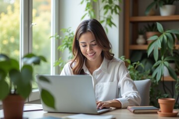 Fototapeta premium Peaceful Businesswoman Working from Home Surrounded by Greenery and Fresh Air