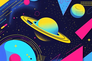 Fototapeta premium Animated flat space background with planets, stars, and abstract geometric shapes. Cosmic universe scene for science fiction and exploration.