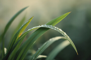 closeup of dew drops delicately resting on green grass and leaves highlighting their exquisite details