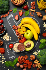 The best foods for healthy stomach and digestion. Assortment of natural products to boost stomach health and digestion drawing. on a gray textured background. Healthy diet for stomach.