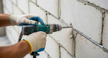 Professional construction worker uses drill on brick wall for home renovation