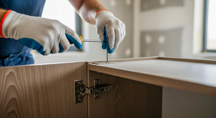 Handyman assembling furniture, installing cabinet hinge for home improvement
