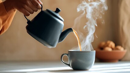 Hand pouring steaming tea from a black kettle into a gray ceramic cup, showcasing the fluid motion and warmth of the beverage, with soft lighting enhancing the cozy atmosphere