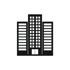 A bold black silhouette shows an urban building with many windows and doors