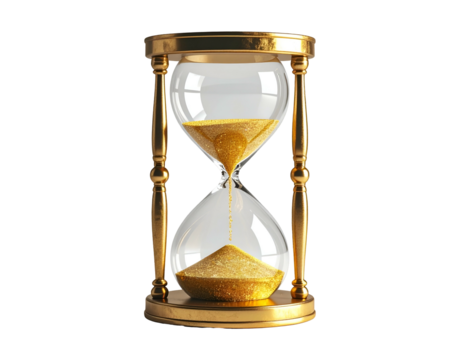 Golden hourglass with sand flowing through a clear glass bulb on a black background