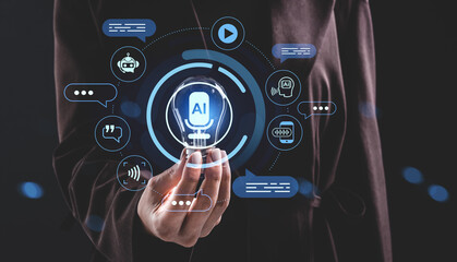 Futuristic concept of AI-powered virtual assistant with holographic interface held in hand against dark background in advanced tech communication scene.