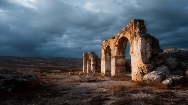 Ancient stone ruins with weathered arches under a dramatic stormy twilight sky - Powered by Adobe