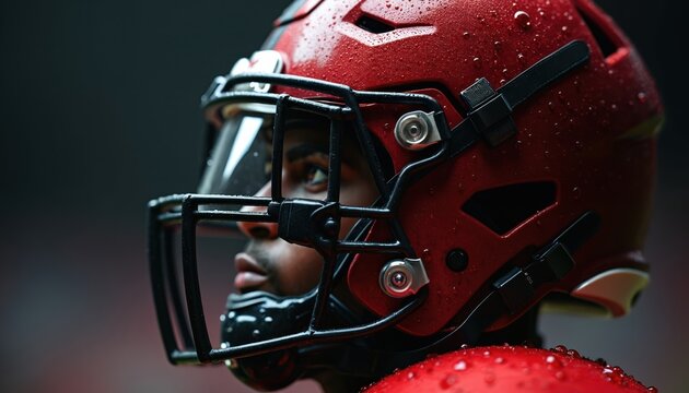 Close-up of a football player wearing a red and black helmet. The athlete focuses intently while running on a field. Intense determination reflects in his eyes, highlighting protective gear for sport.