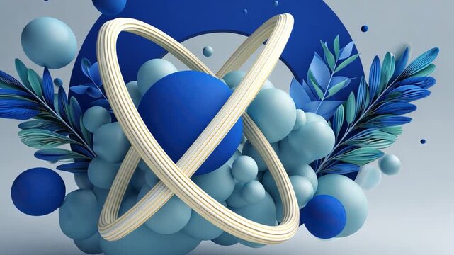 Abstract atom art: A stunning digital artwork featuring a sophisticated 3D rendered atom, accentuated by orbs and delicate botanicals, all harmonized in a cool, calming palette of blue hues.