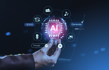 Futuristic AI prompt generation concept with icons for text, image, audio, and translation...