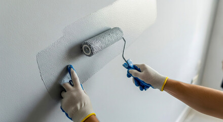 Fresh gray paint rolling onto wall for modern home renovation project