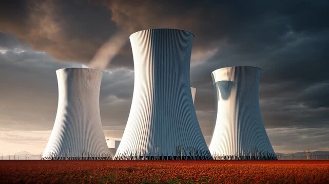 Industrial Titans: Monumental cooling towers, symbols of Industry. This image showcases the immense scale and power of modern energy infrastructure.