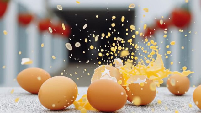 Eggs in motion as one cracks open, revealing bright yolk and splattering contents, while surrounding eggs remain intact, showcasing dynamic action sequence with gradual zoom in on the scene