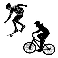 Fototapeta premium Skateboarder and biker in silhouette
