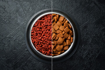 Photo collage. Bowl with food for dogs or cats. A set of dry fodder and fresh meat. Concept of healthy food for animals.
