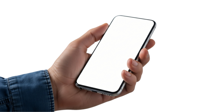 Showcase your app or website with this phone mockup held in hand, perfect for digital marketing, user interface previews, and mobile technology promotions