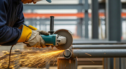 Skilled worker expertly cutting metal pipe with grinder in workshop