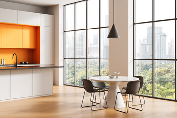 Modern kitchen and dining interior design with orange accents and panoramic city view through large windows in high-rise apartment. 3D Rendering