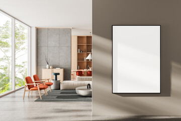 Modern interior room with clean design featuring large vertical blank poster mockup on wall for creative layout or branding template display. 3D Rendering