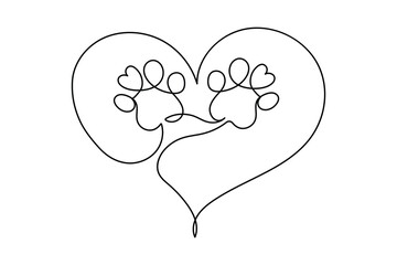 Minimal dog paw trace continuous line drawing isolated on white