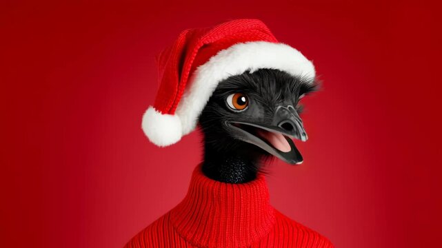 Festive emu character wearing a red sweater and Santa hat, joyfully expressing holiday spirit against a vibrant red background, showcasing a playful and whimsical scene with a cheerful demeanor