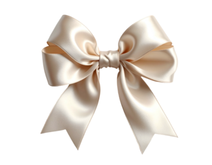 Cream-colored satin bow, neatly tied with flowing loops and long pointed tails