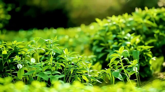 Lush green crops growing in neat rows glowing with vitality against softly blurred backdrop in surreal conceptual promo loop evoking growth and precision
