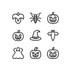 Spooky halloween vector line art icons with jack-o'-lanterns, witch hat, bat