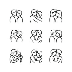 Diverse couples kissing and embracing in minimal line art vector icons