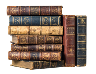 Stacked aged books with gilded spines, varying colors and leather binding
