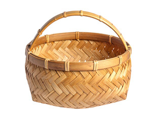 Woven bamboo basket with a handle, brown tones, isolated on a black background