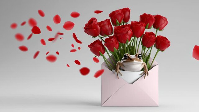 Frog emerging from pink envelope filled with red roses, as petals scatter in the air, creating a whimsical scene, showcasing playful interaction and vibrant colors, camera zooms in for detail