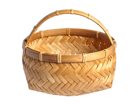 Woven bamboo basket with a handle, brown tones, isolated on a black background