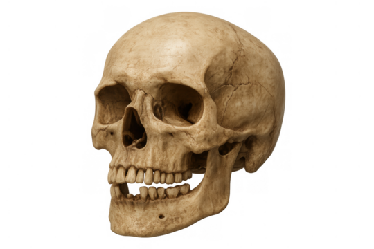 Human skull bone head, side view, anatomy and biology study, creating a memento mori concept on transparent background