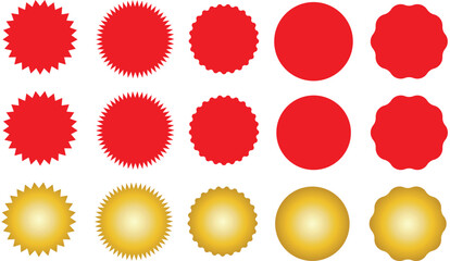 Red and Gold Blank Starburst Badges Collection. Round Sunburst Tags Set Pop Up Sticker Vector Illustration.
