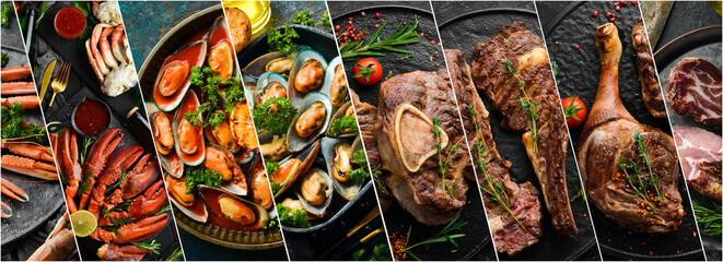 Photo collage: meat, steaks and seafood, photo banner.