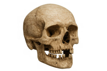 Human skull presenting anatomy, death, and memento mori concepts on transparent background for medical or artistic projects